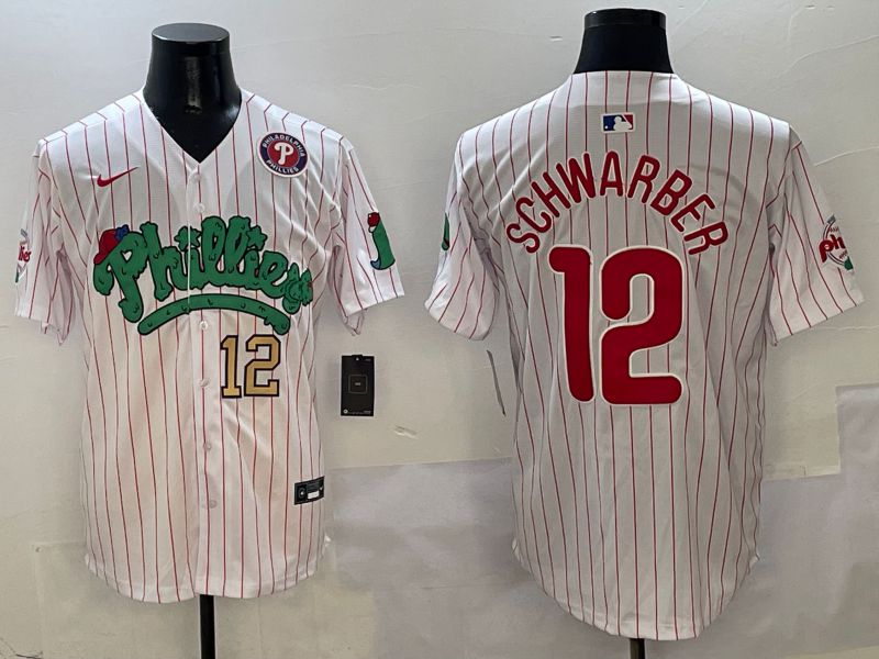 Men Philadelphia Phillies 12 Schwarber White Stripe Fourth generation Joint Name Nike 2025 MLB Jersey style 5